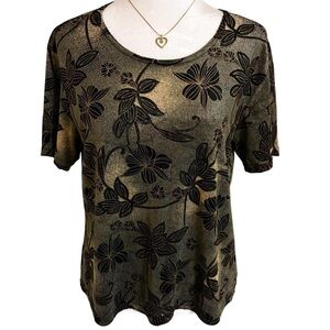 Vintage Notations Metallic Floral Top Black Gold Semi Sheer Blouse Size M